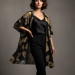Women's Maurices Plus Black Yellow Palm Print Duster Kimono L/XL